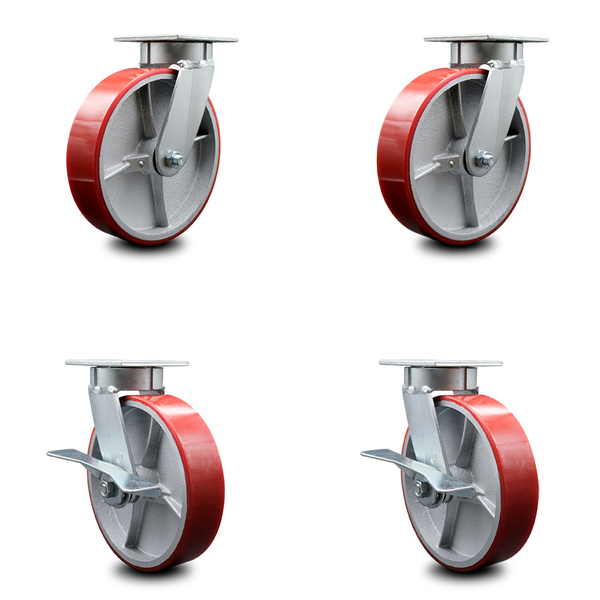 Service Caster 8 Inch Kingpinless Red Poly on Steel Wheel Swivel Caster Set with 2 Brakes SCC SCC-KP30S820-PUR-RS-2-SLB-2